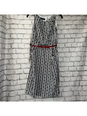 Nine West Womens Dress Sz 14 Sleeveless Black White Floral Belted Midi Classic